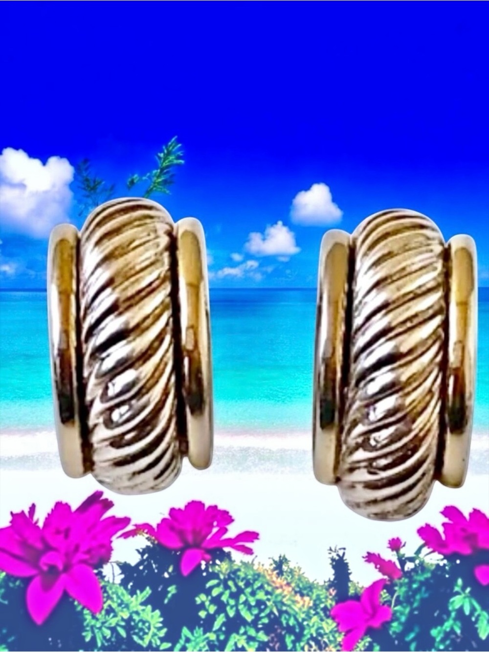 Nordstrom Vintage Gold + Silver Tone Semi Hoop Clip On Earrings Signed